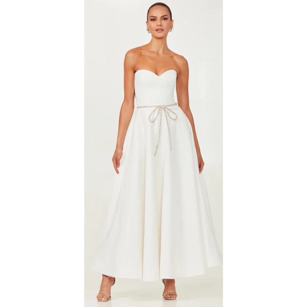 HELSI Grace Sweetheart Strapless Crystal Bow White Midi Gown Dress XS NWT $595